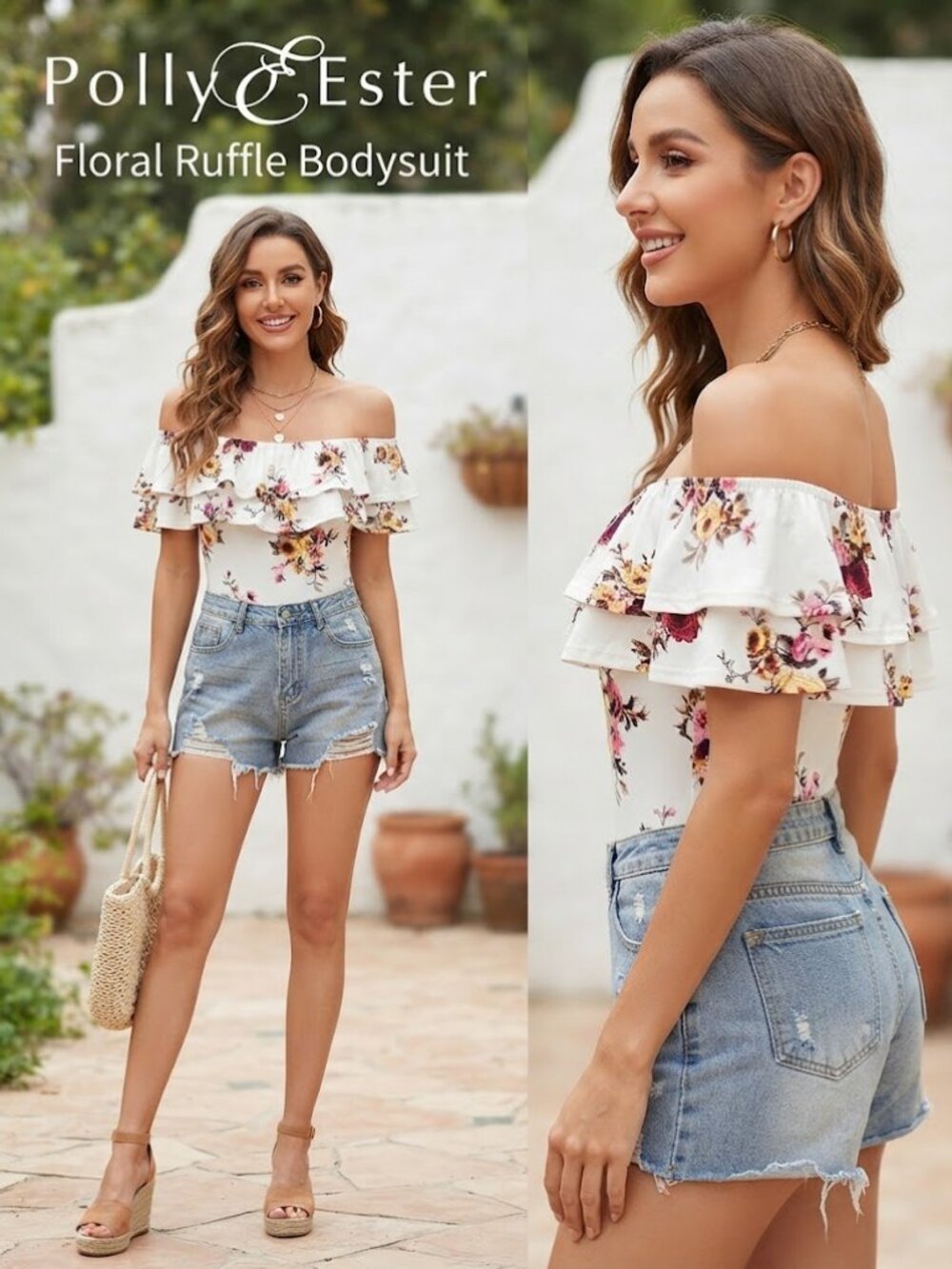 Polly & Ester White Floral Off-The-Shoulder Ruffle Bodysuit Small